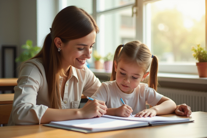Assistant éducatif aidant un élève dans une classe lumineuse