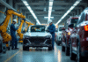 Ligne d'assemblage automobile moderne avec ouvriers et robots