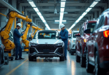 Ligne d'assemblage automobile moderne avec ouvriers et robots