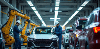 Ligne d'assemblage automobile moderne avec ouvriers et robots