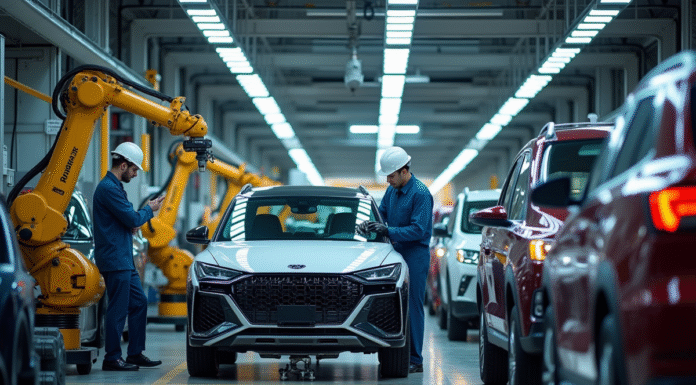 Ligne d'assemblage automobile moderne avec ouvriers et robots