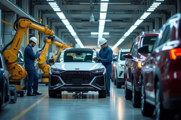 Ligne d'assemblage automobile moderne avec ouvriers et robots