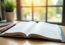 Agenda ouvert sur bureau lumineux avec stylos colorés