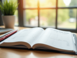 Agenda ouvert sur bureau lumineux avec stylos colorés