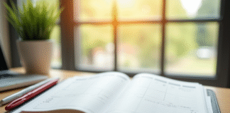 Agenda ouvert sur bureau lumineux avec stylos colorés