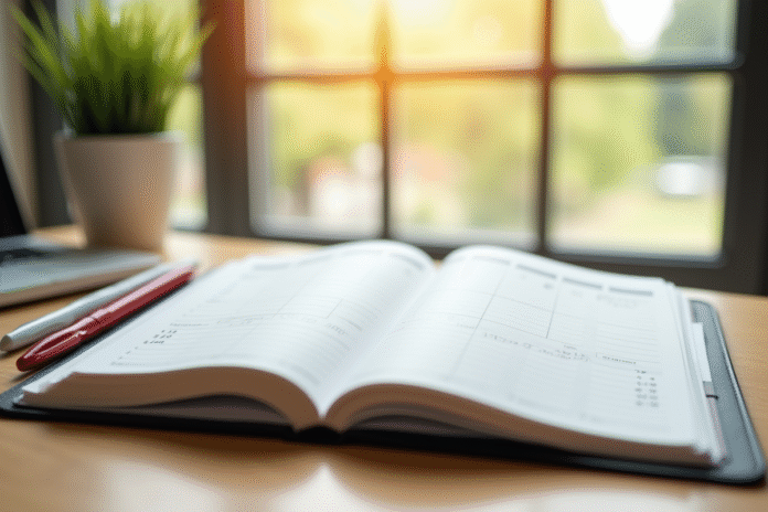 Agenda ouvert sur bureau lumineux avec stylos colorés