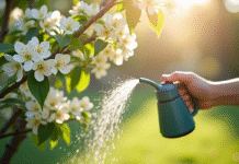 Personne arrosant doucement un arbre en fleurs blanches dans un jardin lumineux