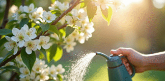 Personne arrosant doucement un arbre en fleurs blanches dans un jardin lumineux