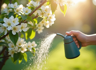 Personne arrosant doucement un arbre en fleurs blanches dans un jardin lumineux
