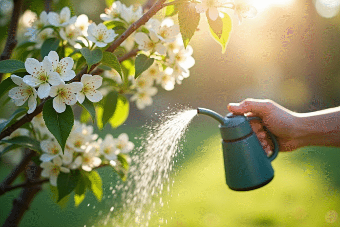 Personne arrosant doucement un arbre en fleurs blanches dans un jardin lumineux