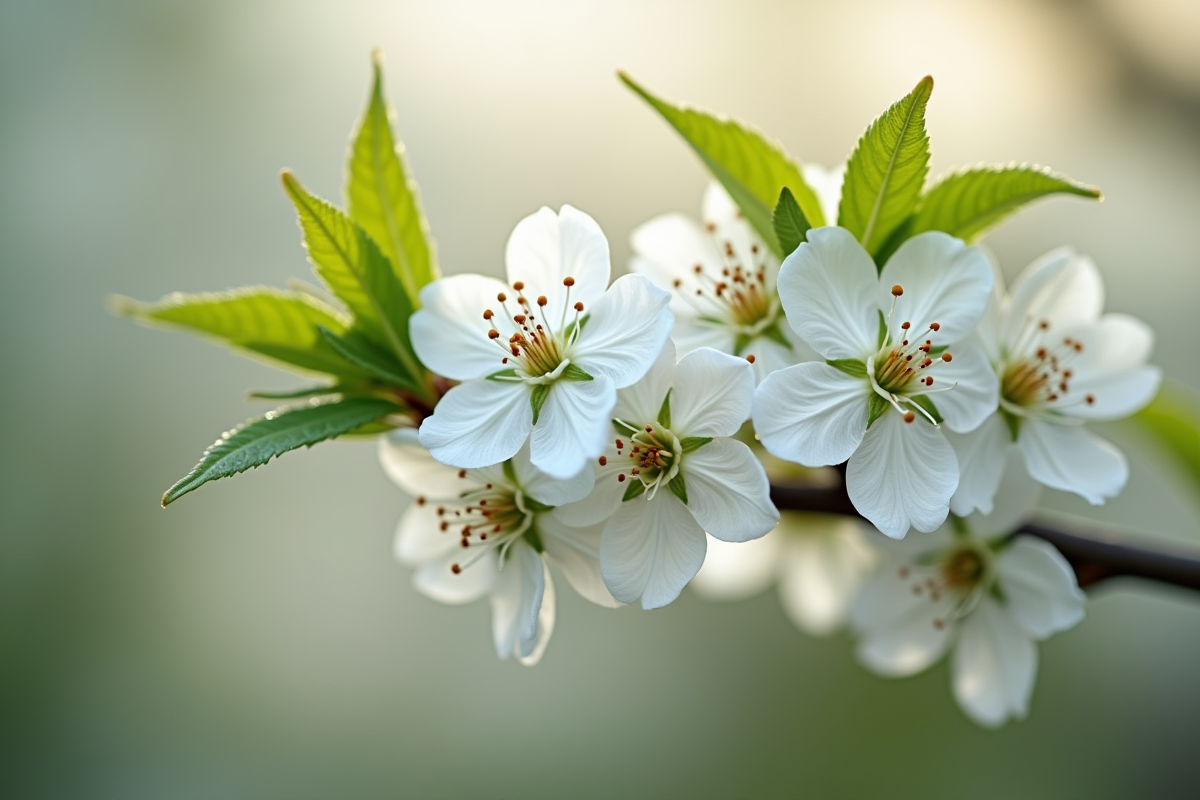 Gros plan sur des fleurs blanches avec rosée du matin sur une branche d