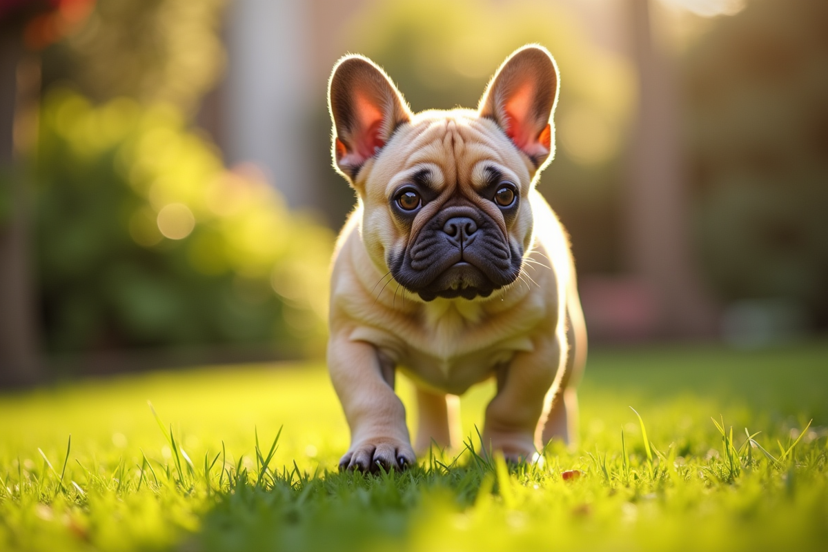 Bulldog francais marche dans un jardin ensoleille