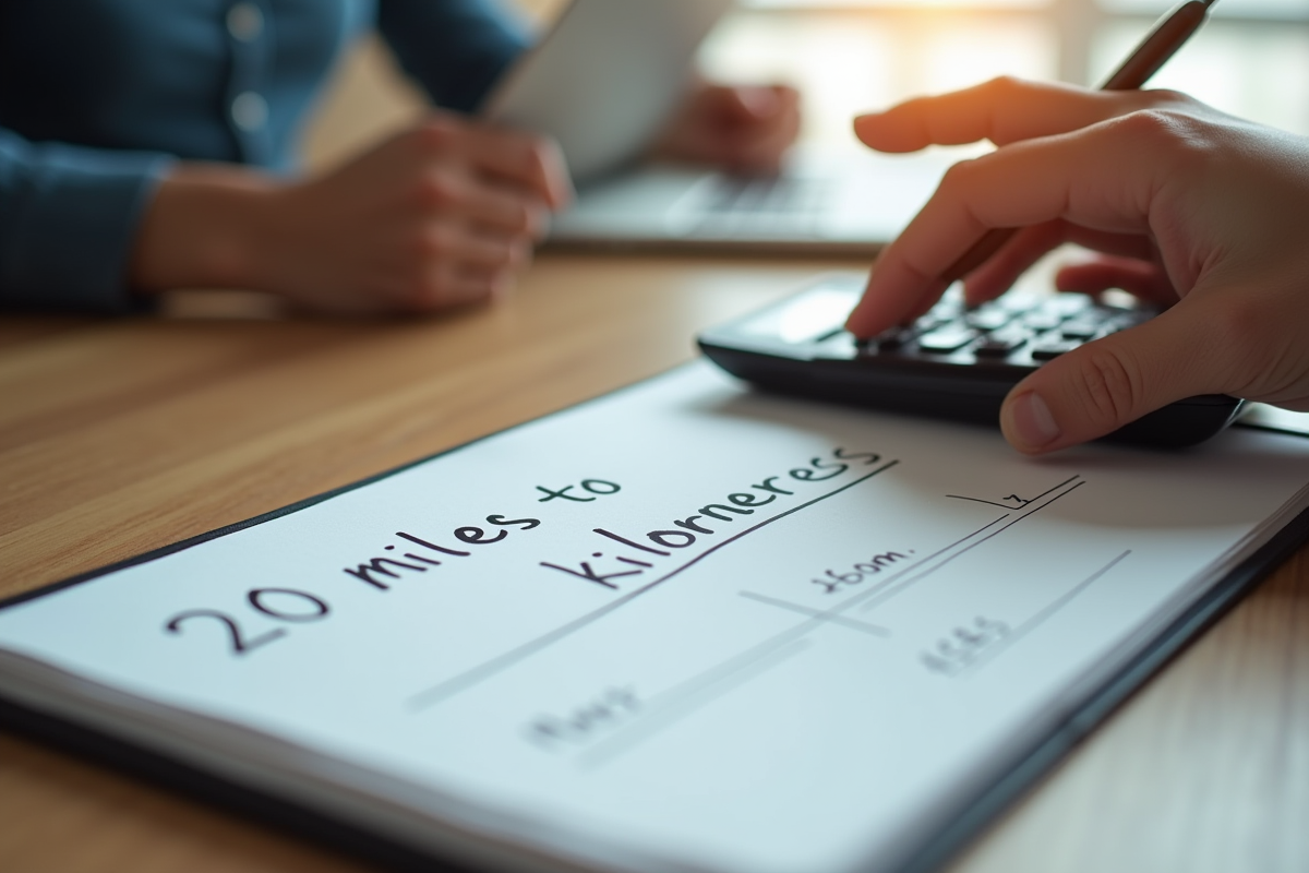 Mains utilisant calculatrice et carnet pour convertir 20 miles en km