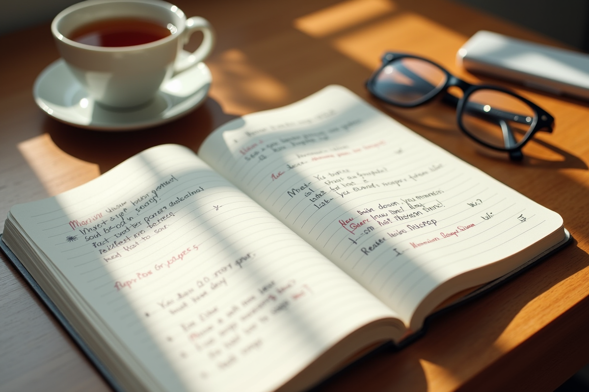 Carnet avec triggers migraine et lunettes sur bureau en bois