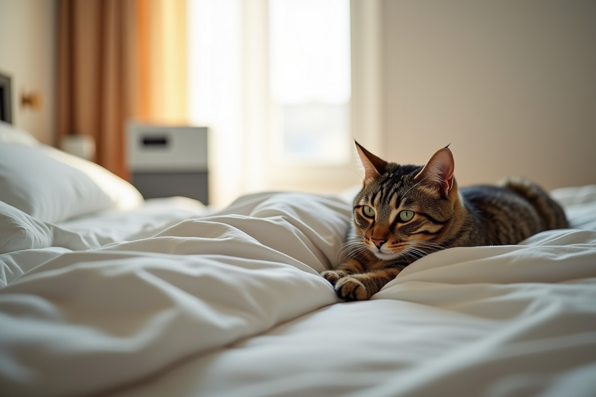 Chambre moderne avec un chat tabby sur le lit et un purificateur d