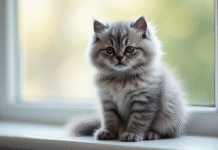 Chaton angora gris sur une fenêtre lumineuse