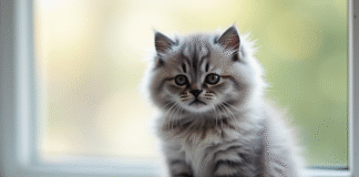 Chaton angora gris sur une fenêtre lumineuse