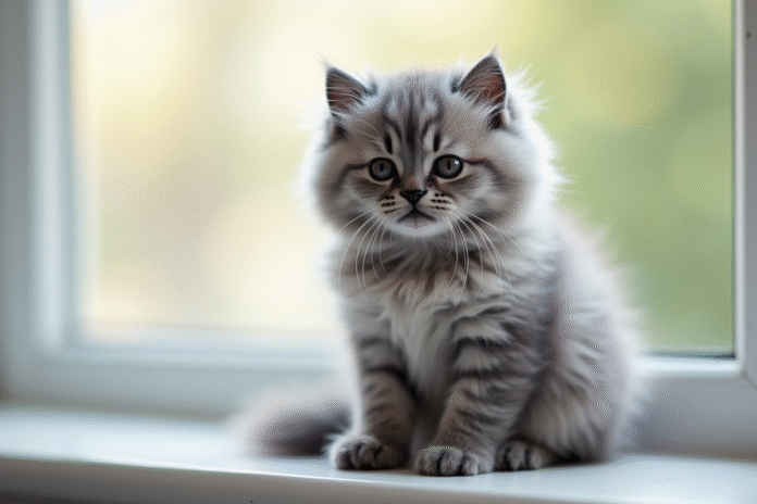 Chaton angora gris sur une fenêtre lumineuse