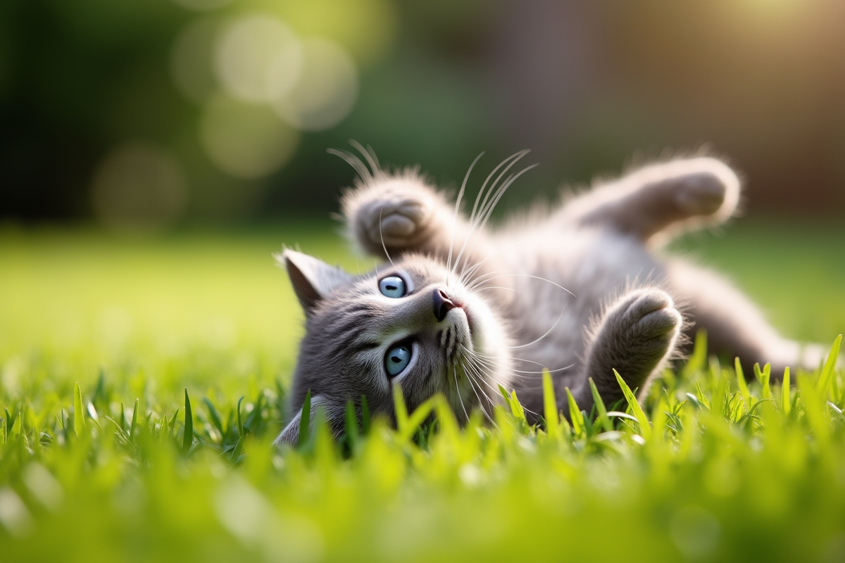 Chaton angora gris dans un jardin ensoleille