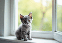 Chaton gris assis sur une fenêtre lumineuse