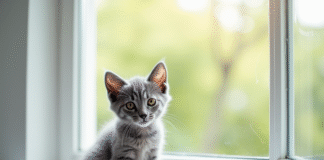 Chaton gris assis sur une fenêtre lumineuse