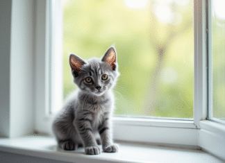 Chaton gris assis sur une fenêtre lumineuse
