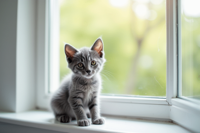 Chaton gris assis sur une fenêtre lumineuse