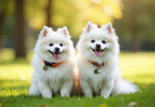 Chien pomeranian blanc et japonais spitz dans un parc ensoleille