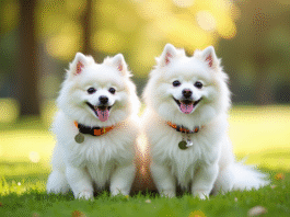Spitz nain blanc vs Spitz japonais : lequel est fait pour vous ? Chien pomeranian blanc et japonais spitz dans un parc ensoleille