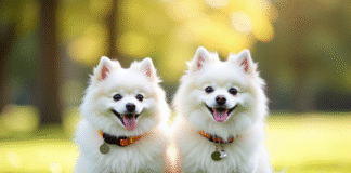 Chien pomeranian blanc et japonais spitz dans un parc ensoleille