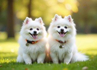 Spitz nain blanc vs Spitz japonais : lequel est fait pour vous ? Chien pomeranian blanc et japonais spitz dans un parc ensoleille