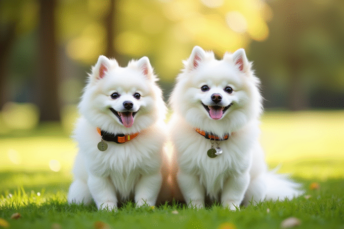 Chien pomeranian blanc et japonais spitz dans un parc ensoleille
