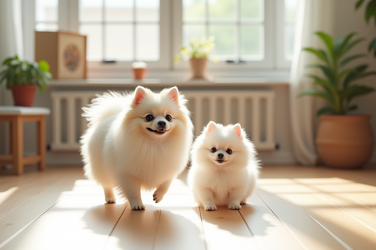Chien spitz et pomeranian blanc dans une maison lumineuse