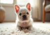 Chiot bulldog francais mignon sur tapis clair intérieur