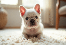 Chiot bulldog francais mignon sur tapis clair intérieur