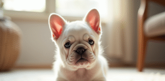 Chiot bulldog francais mignon sur tapis clair intérieur