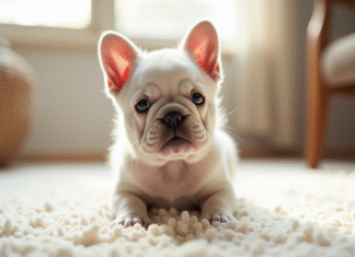 Chiot bulldog francais mignon sur tapis clair intérieur