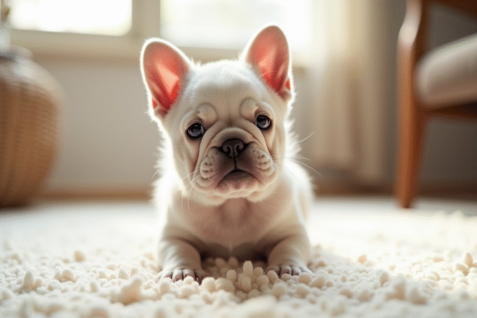 Chiot bulldog francais mignon sur tapis clair intérieur