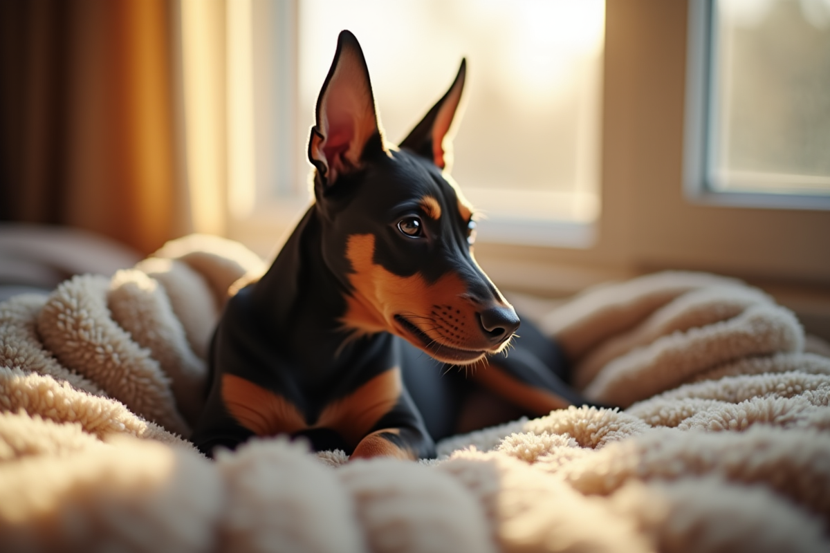 Chiot doberman allonge sur une couverture au soleil