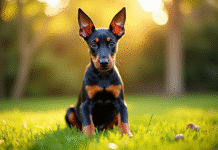 Chiot doberman assis dans un jardin ensoleille