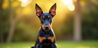 Chiot doberman assis dans un jardin ensoleille