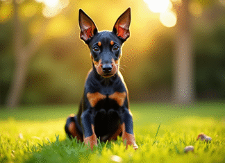 Chiot doberman assis dans un jardin ensoleille