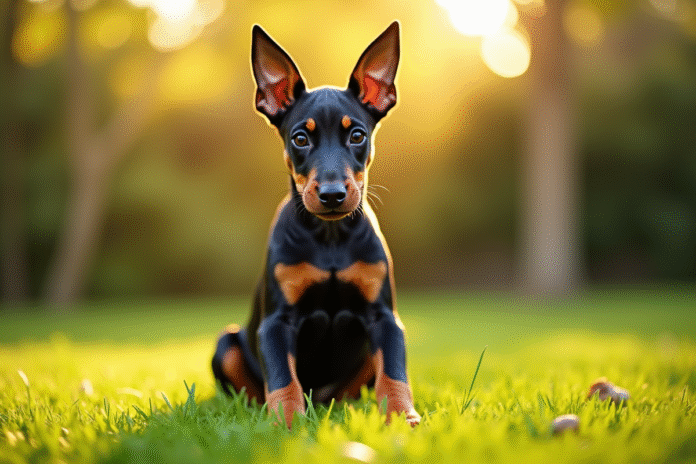 Chiot doberman assis dans un jardin ensoleille