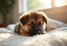 Chiot berger allemand allongé sur une couverture blanche en lumière naturelle