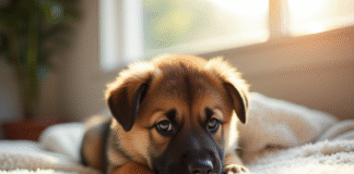 Chiot berger allemand allongé sur une couverture blanche en lumière naturelle
