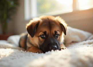 Comment prendre soin de votre bébé Berger Allemand ? Chiot berger allemand allongé sur une couverture blanche en lumière naturelle