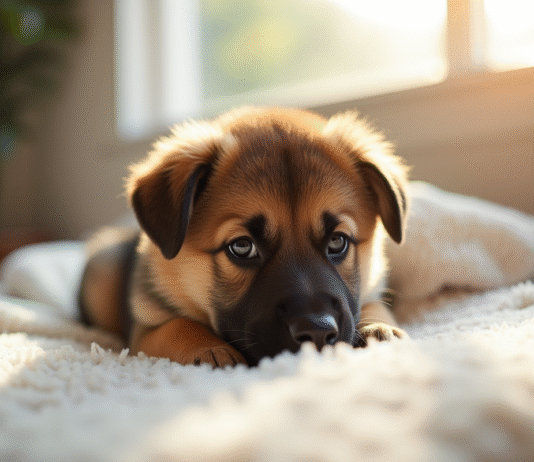 Chiot berger allemand allongé sur une couverture blanche en lumière naturelle