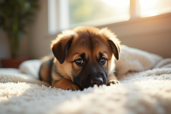 Chiot berger allemand allongé sur une couverture blanche en lumière naturelle