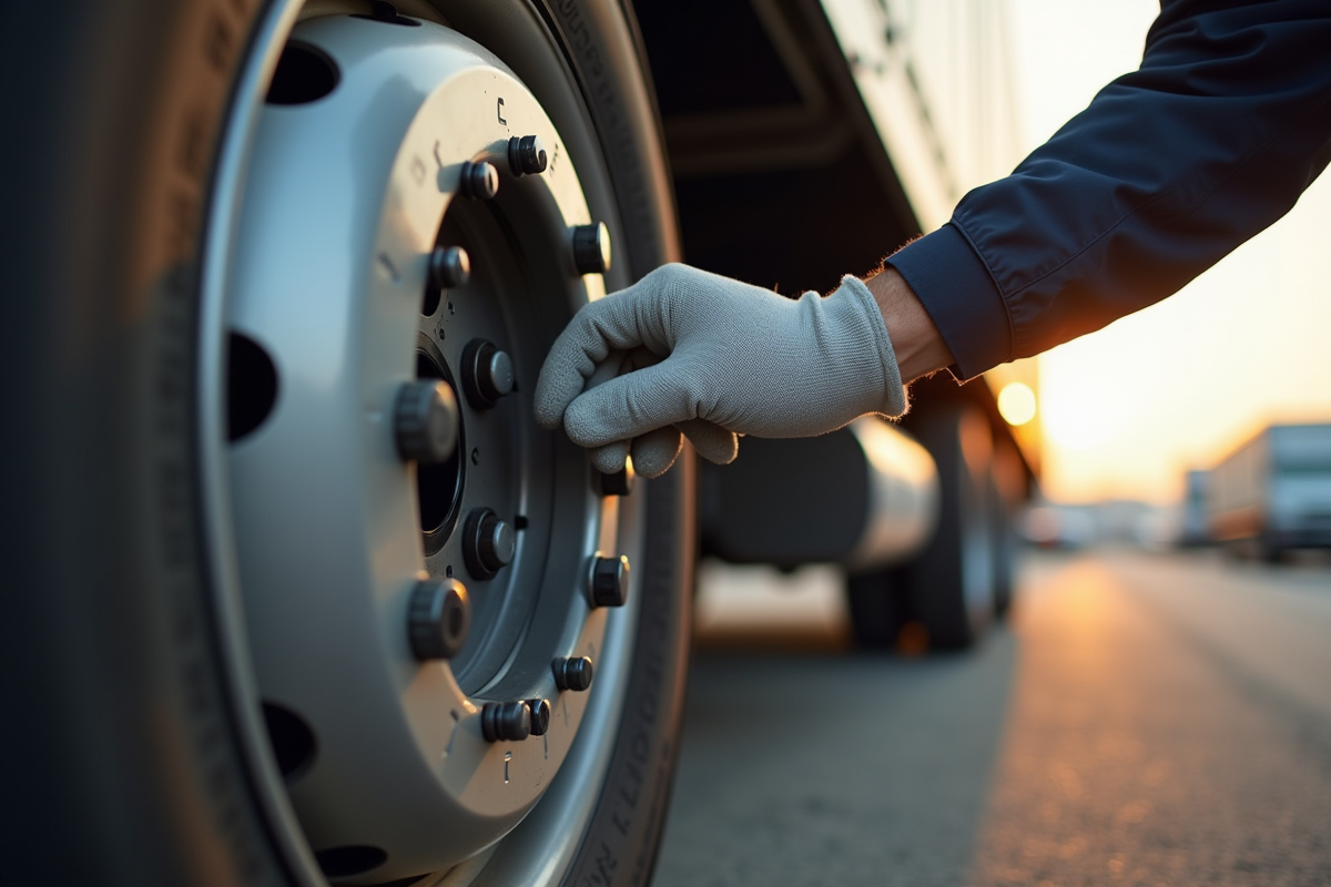 Main portant des gants vérifiant la pression des pneus du camion