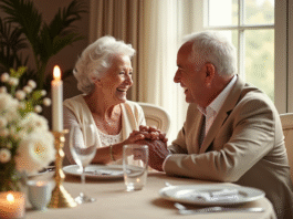 50 ans de noces : idées originales pour une célébration mémorable Couple agee souriant lors d un diner d anniversaire